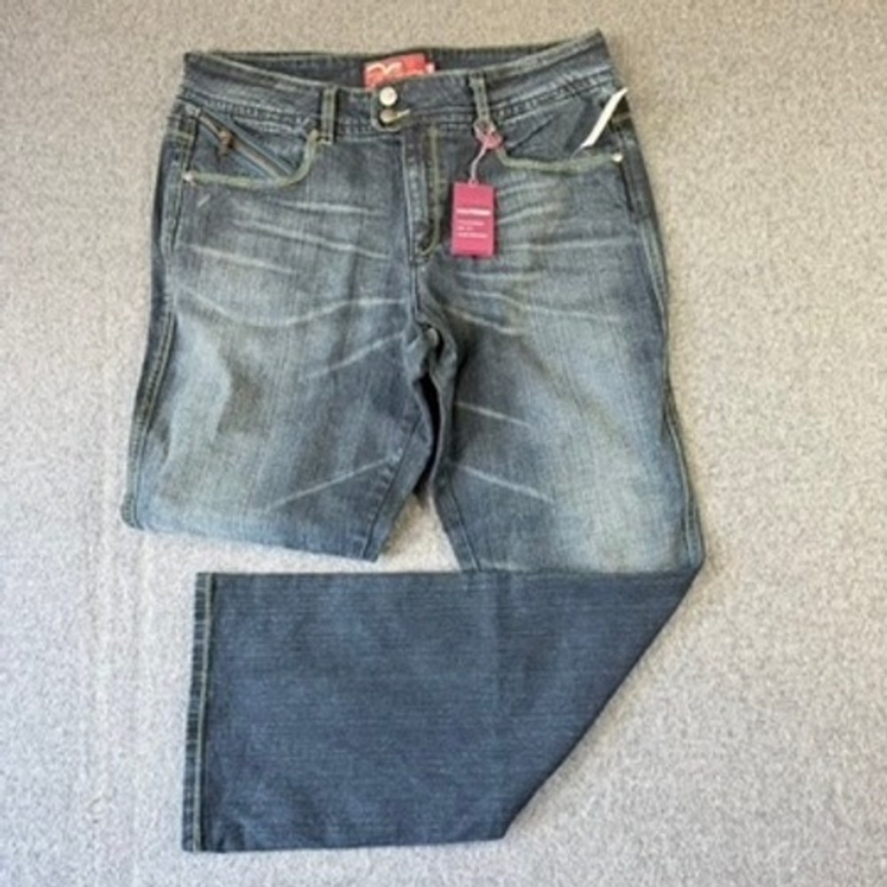 NWT Miss Vigoss Bootcut Jeans Denim Blue Whiskered Double Button Womens 13/14